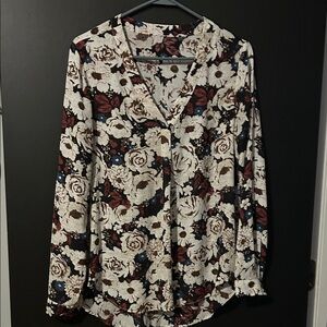 Floral Button-Down V-Neck Blouse - Cream with Red & Blue Flowers